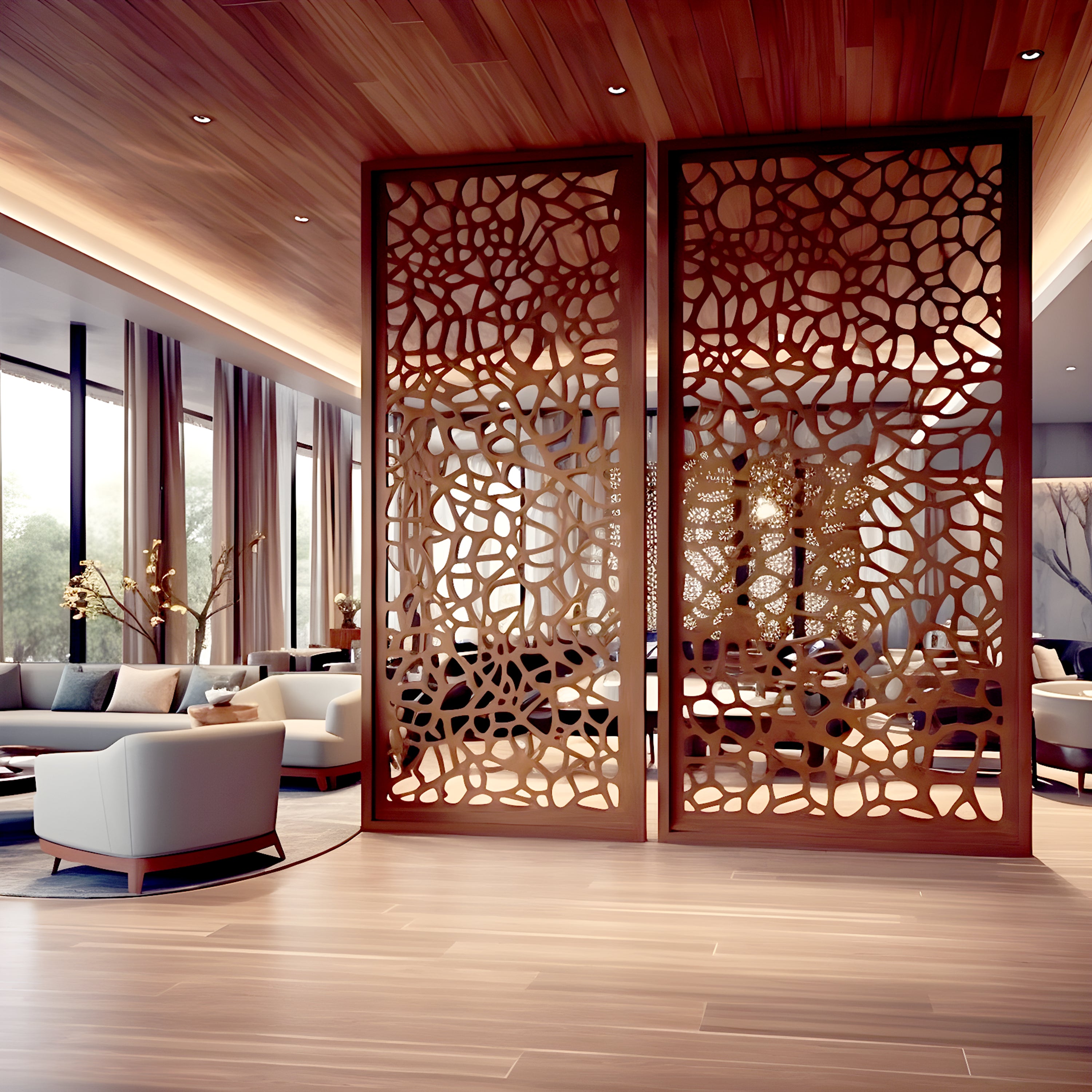 Decorative walnut privacy screen in a modern living room setting